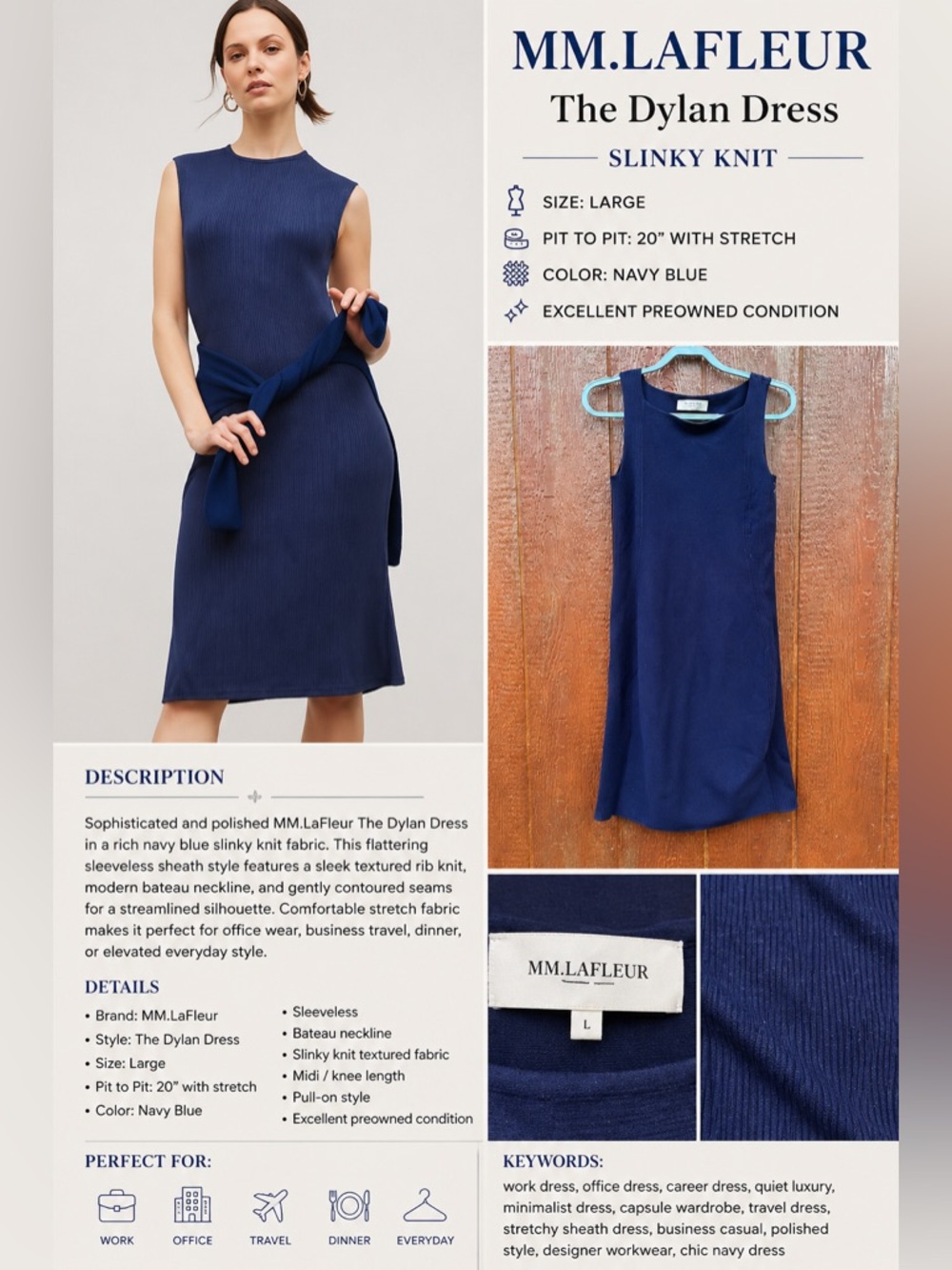 MM.LaFleur The Dylan Dress Large Navy Slinky Knit Sleeveless Career Chic